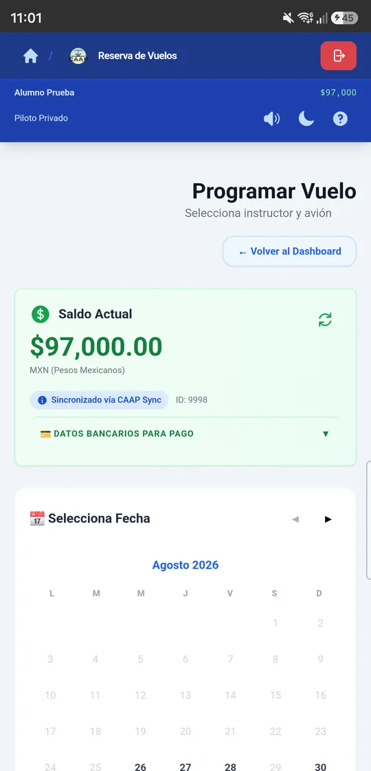 Pantalla para programar un vuelo en la app CAAP, con el calendario de fechas disponibles.